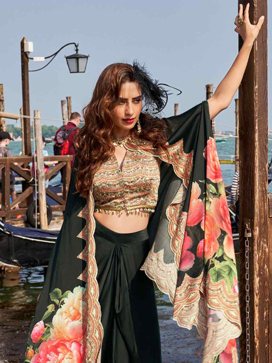 Black Premium Real French Crepe Silk Printed Embroidered Festival Casual Kurti Bottom Jacket Women Wear