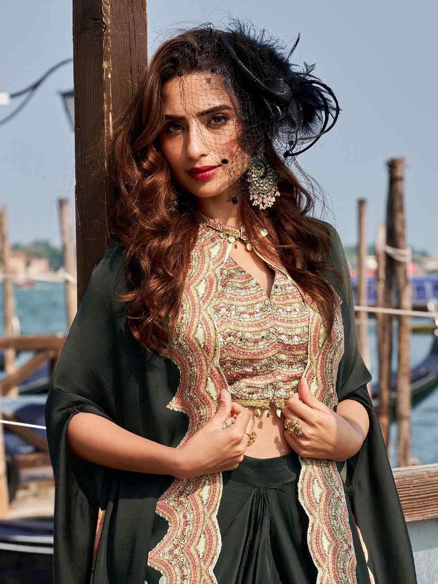 Black Premium Real French Crepe Silk Printed Embroidered Festival Casual Kurti Bottom Jacket Women Wear