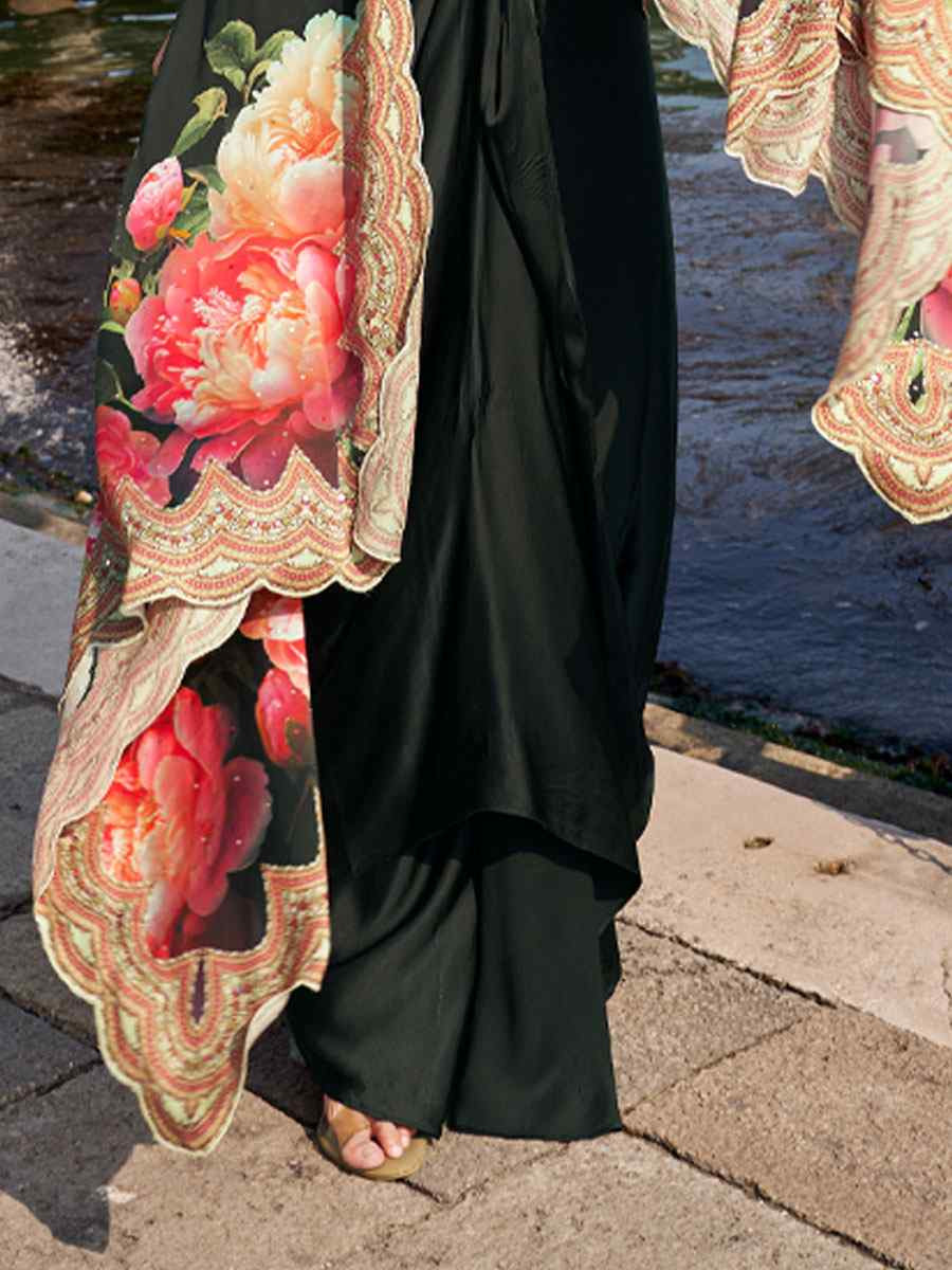 Black Premium Real French Crepe Silk Printed Embroidered Festival Casual Kurti Bottom Jacket Women Wear