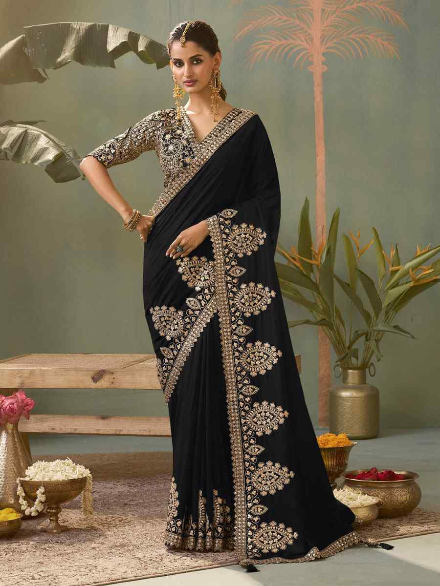 Black Premium Silk Embroidery Festival Wedding Fancy Classic Heavy Border Saree