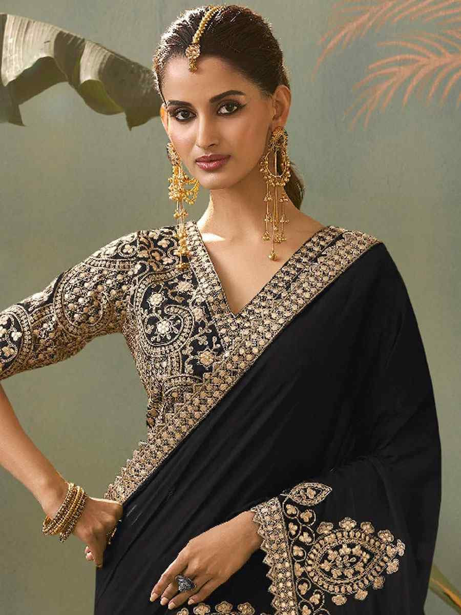 Black Premium Silk Embroidery Festival Wedding Fancy Classic Heavy Border Saree