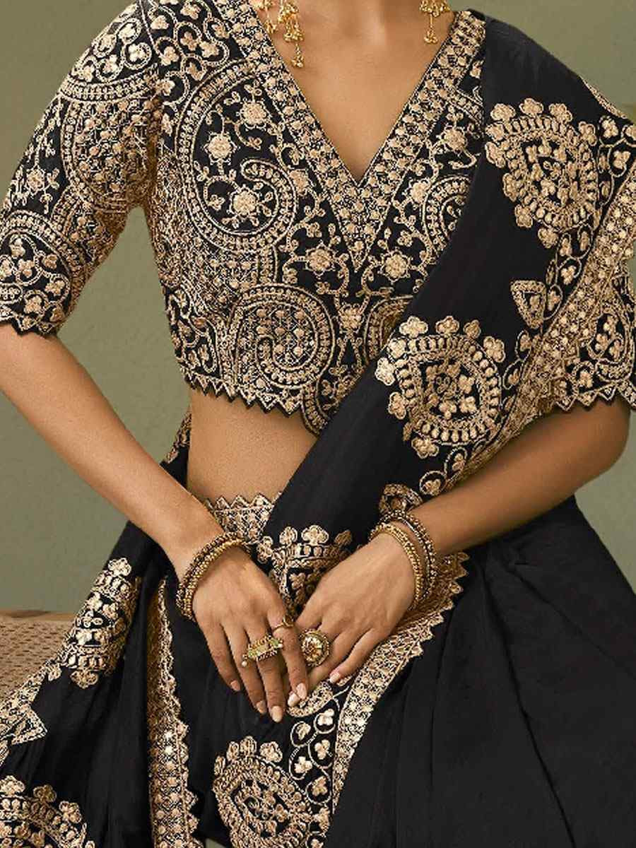 Black Premium Silk Embroidery Festival Wedding Fancy Classic Heavy Border Saree