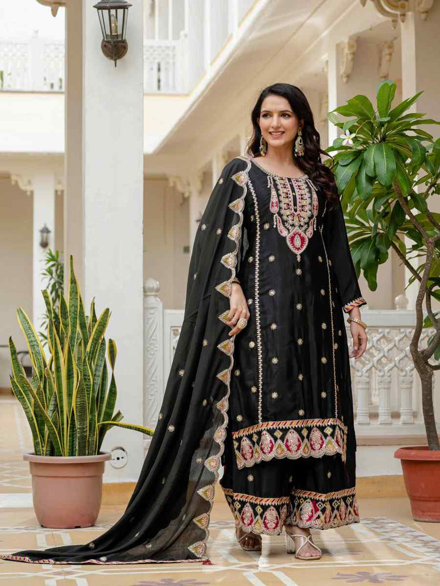 Black Pure Chinon Silk Embroidery Party Wedding Festival Casual Ready Palazzo Pant Salwar Kameez