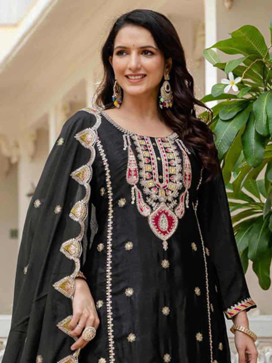 Black Pure Chinon Silk Embroidery Party Wedding Festival Casual Ready Palazzo Pant Salwar Kameez