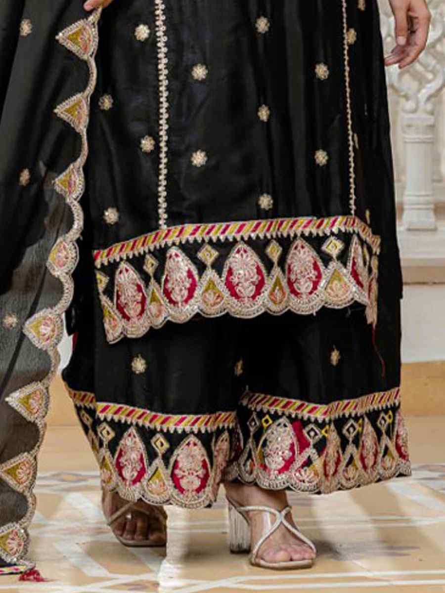 Black Pure Chinon Silk Embroidery Party Wedding Festival Casual Ready Palazzo Pant Salwar Kameez