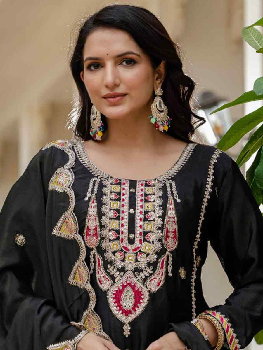 Black Pure Chinon Silk Embroidery Party Wedding Festival Casual Ready Palazzo Pant Salwar Kameez