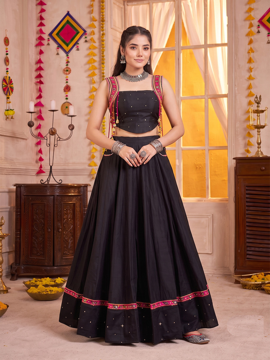 Black Pure Cotton Mirror Wedding Reception Festival Party Wear Circular Lehenga Choli