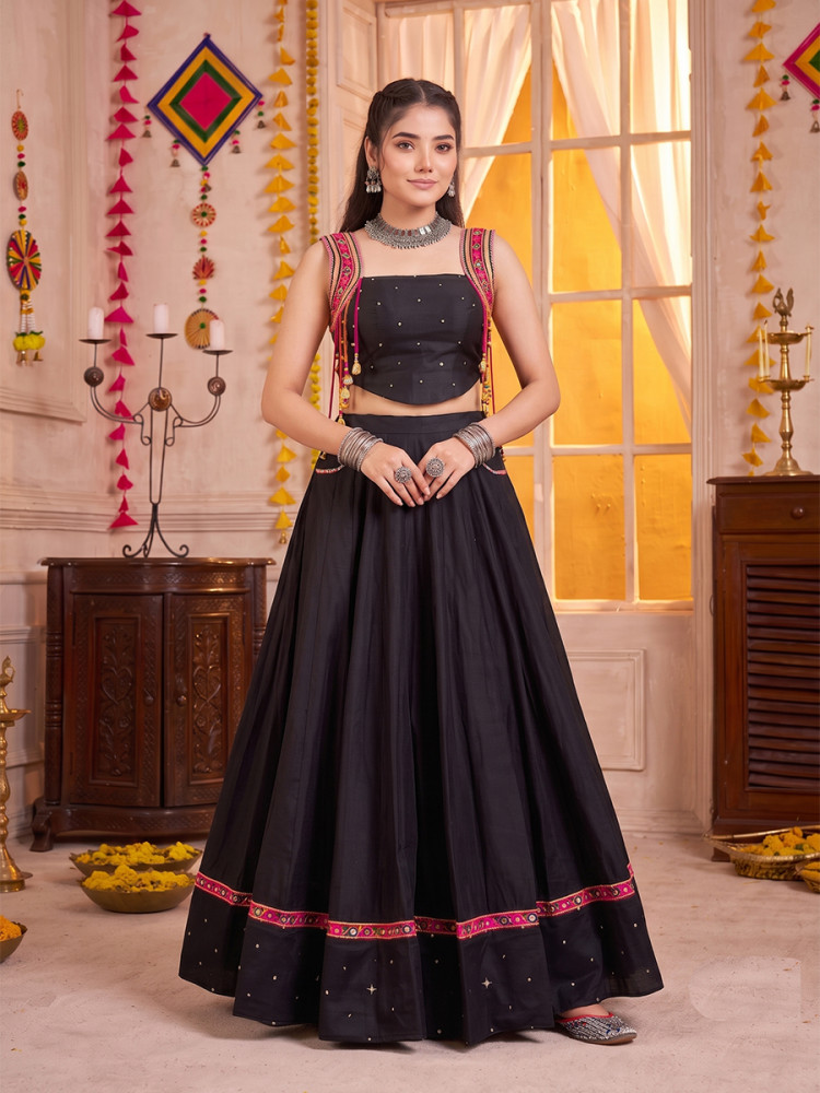 Image of Black Pure Cotton Mirror Wedding Reception Festival Party Wear Circular Lehenga Choli
