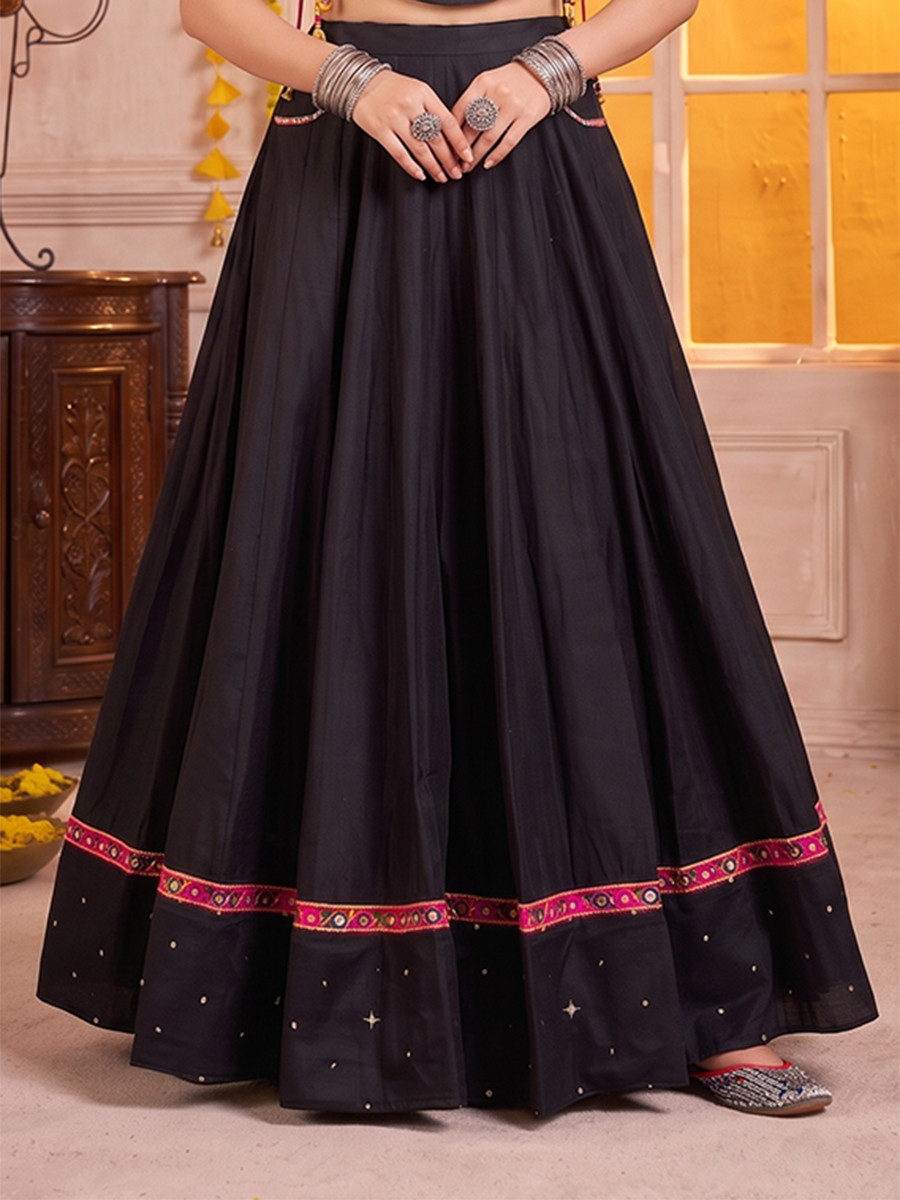 Black Pure Cotton Mirror Wedding Reception Festival Party Wear Circular Lehenga Choli