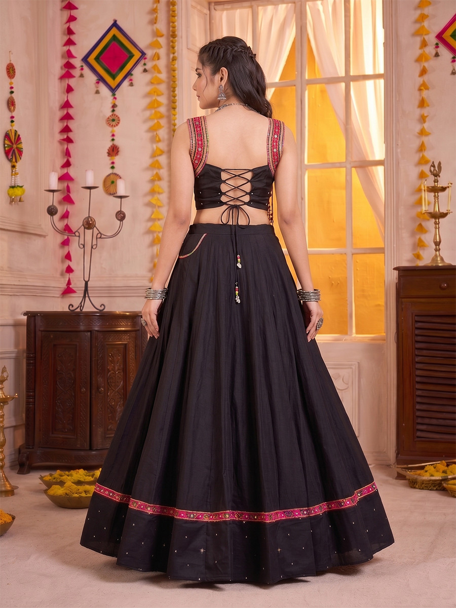 Black Pure Cotton Mirror Wedding Reception Festival Party Wear Circular Lehenga Choli