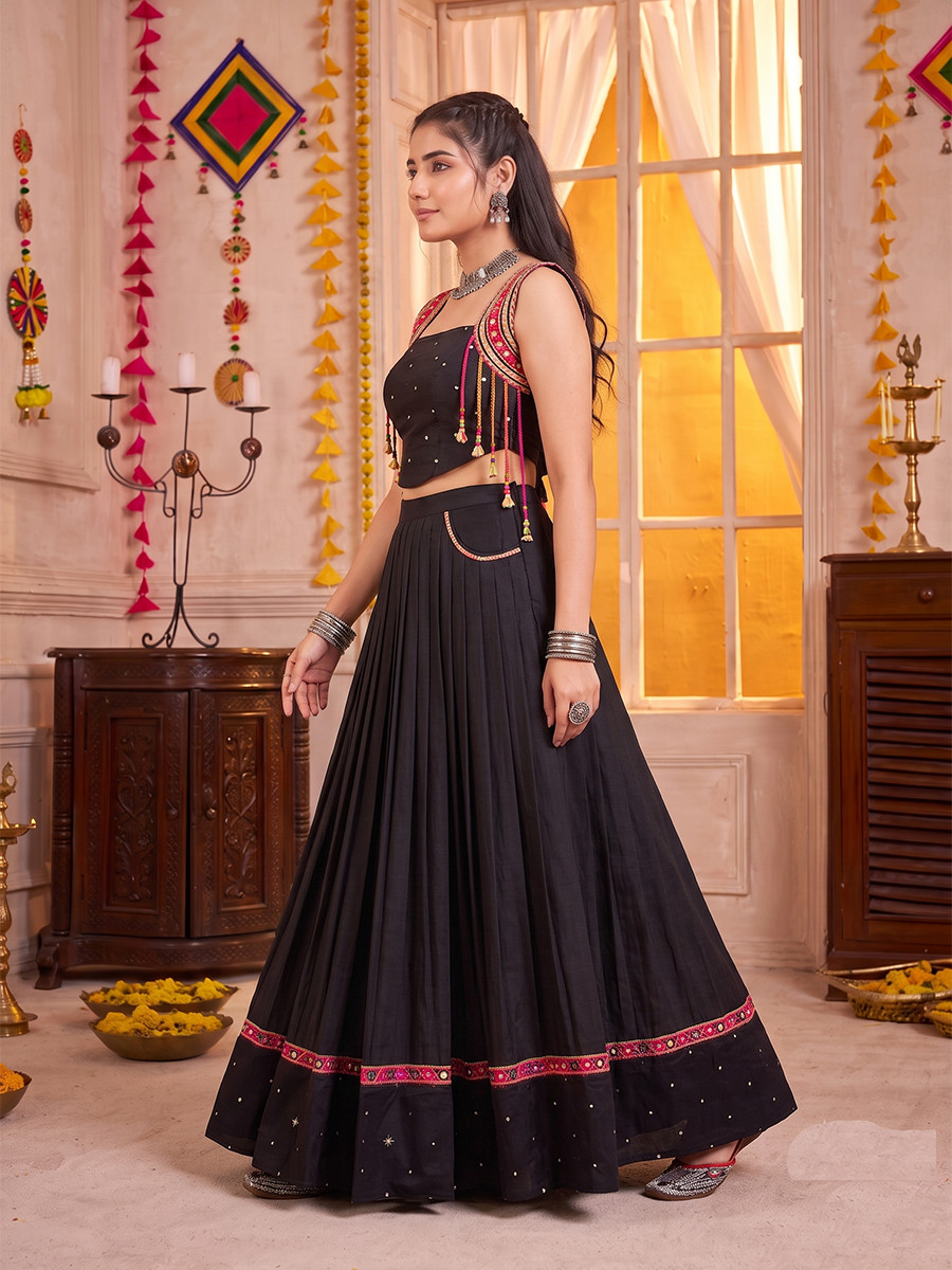 Black Pure Cotton Mirror Wedding Reception Festival Party Wear Circular Lehenga Choli