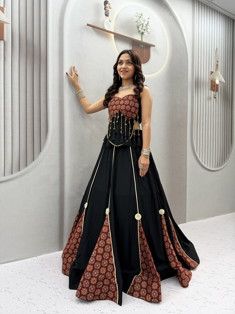 Image of Black Pure cotton Printed Lace Work Wedding Reception Festival Party Wear Ready Circular Lehenga Choli