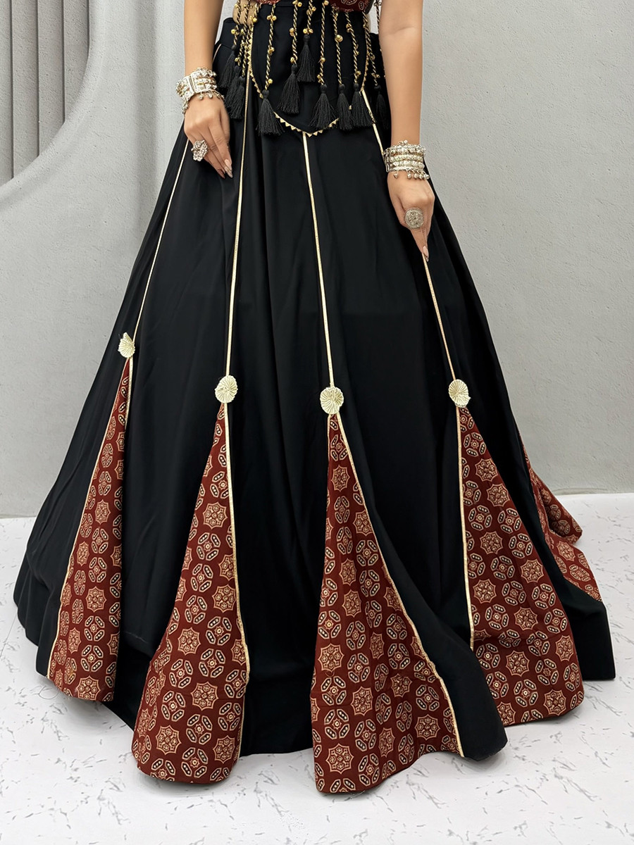 Black Pure cotton Printed Lace Work Wedding Reception Festival Party Wear Ready Circular Lehenga Choli