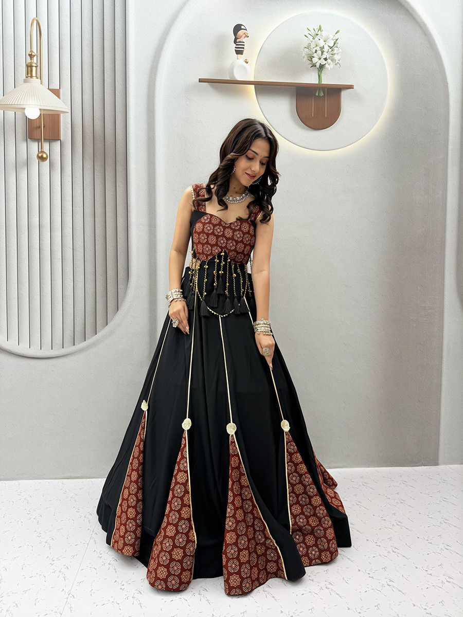 Black Pure cotton Printed Lace Work Wedding Reception Festival Party Wear Ready Circular Lehenga Choli