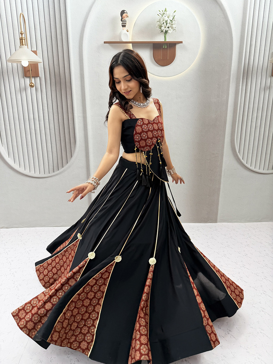 Black Pure cotton Printed Lace Work Wedding Reception Festival Party Wear Ready Circular Lehenga Choli