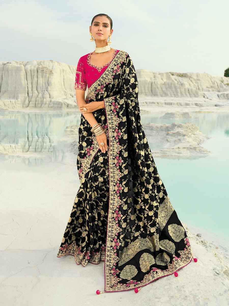 Black Pure Dola Viscose Embroidery Bridal Reception Festival Wedding Fancy Heavy Border Saree