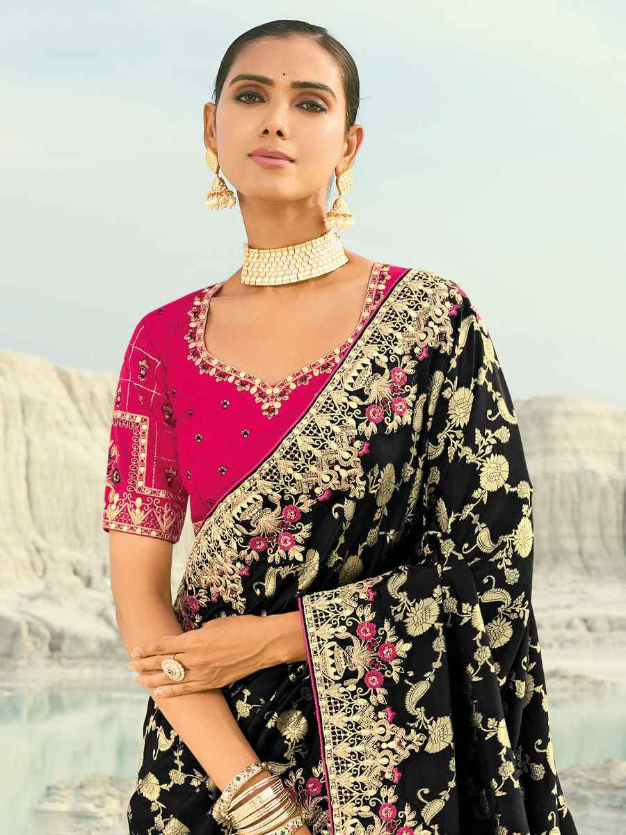 Black Pure Dola Viscose Embroidery Bridal Reception Festival Wedding Fancy Heavy Border Saree