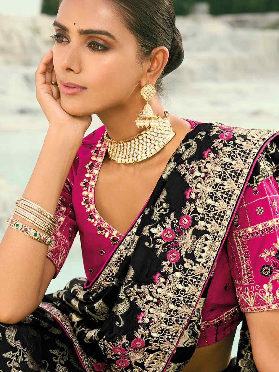 Black Pure Dola Viscose Embroidery Bridal Reception Festival Wedding Fancy Heavy Border Saree
