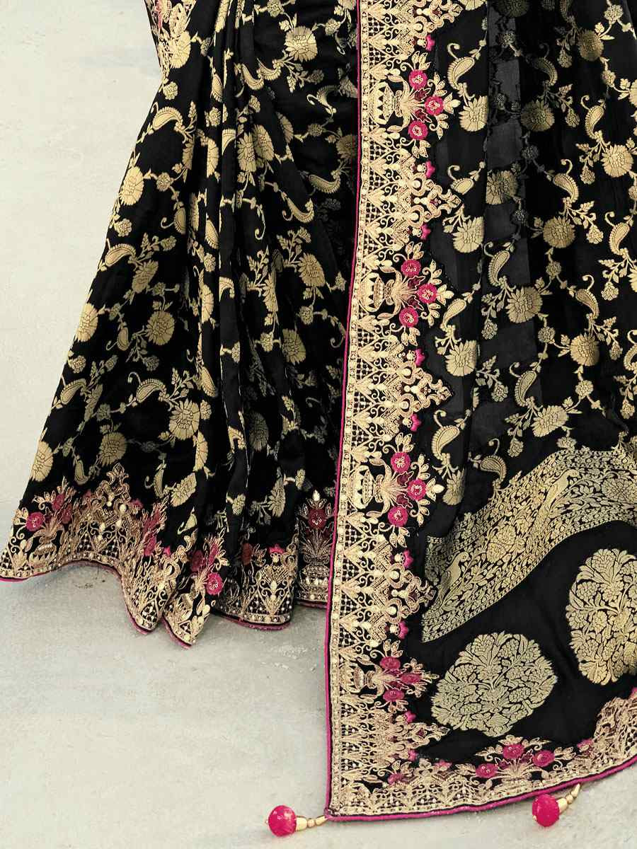 Black Pure Dola Viscose Embroidery Bridal Reception Festival Wedding Fancy Heavy Border Saree