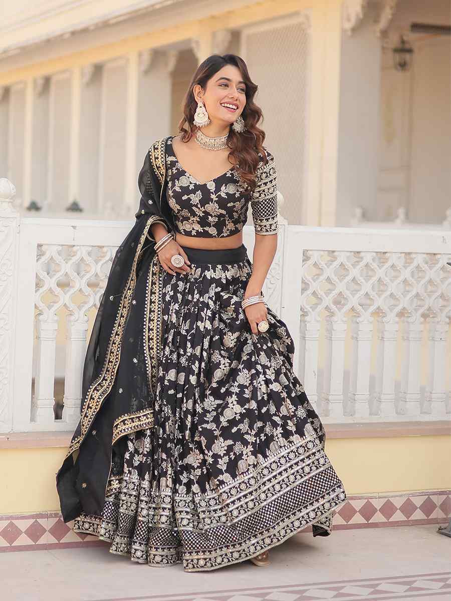 Black Pure Dyable Viscose Embroidery Reception Party Wear Heavy Border Lehenga Choli