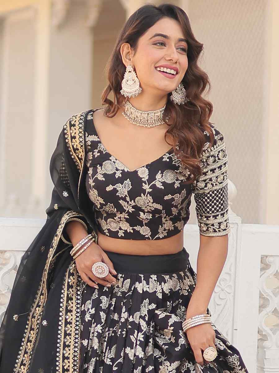 Black Pure Dyable Viscose Embroidery Reception Party Wear Heavy Border Lehenga Choli