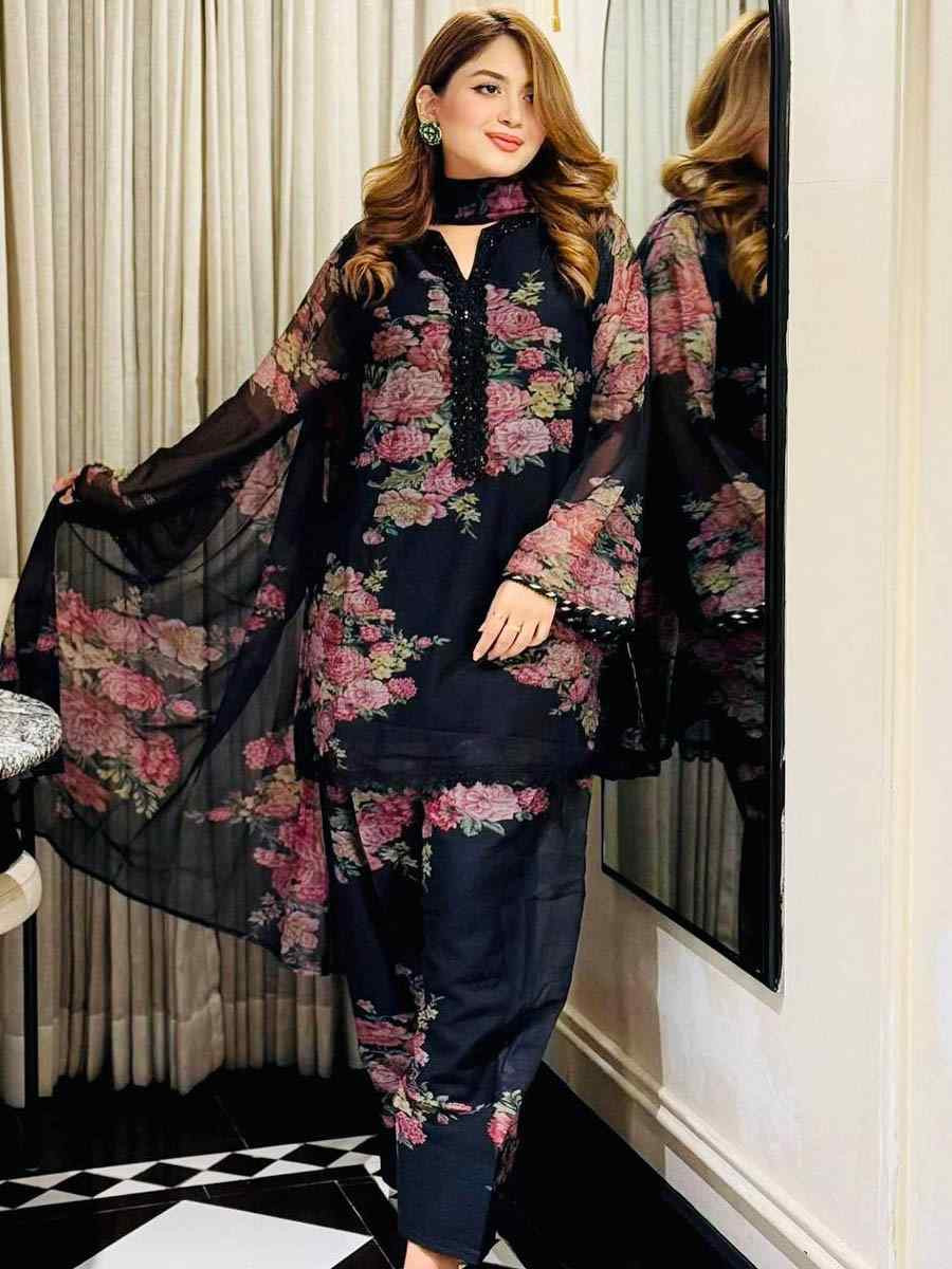 Black Pure Faux Georgette Embroidered Festival Mehendi Ready Farsi Salwar Kameez