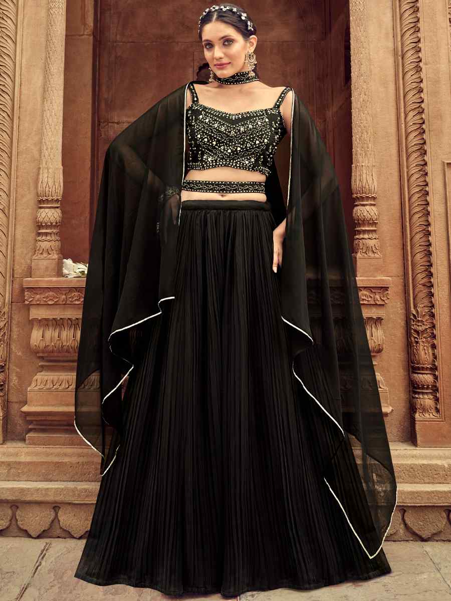 Black Pure Faux Georgette Embroidered Party Wear Wedding Circular Lehenga Choli