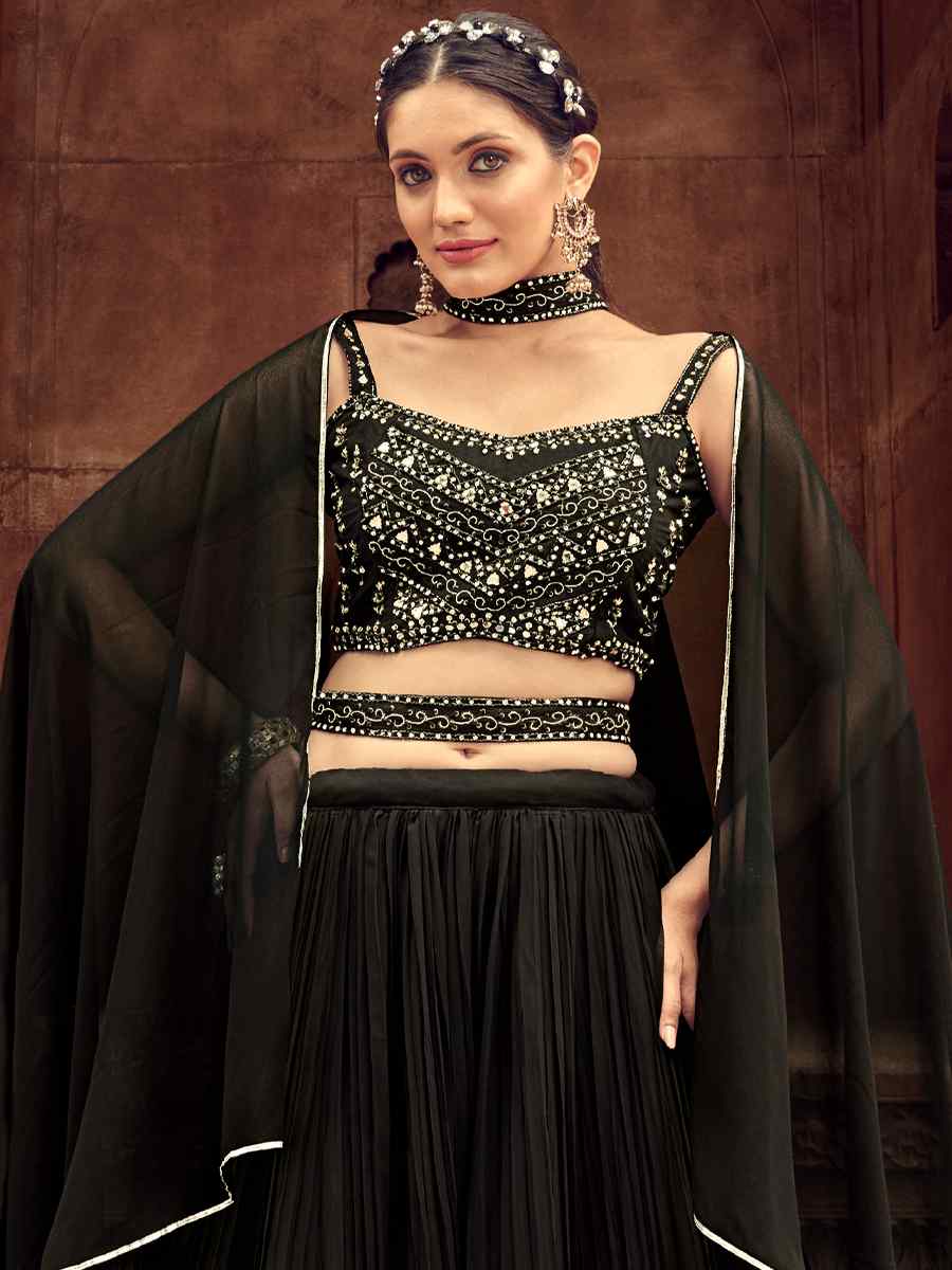 Black Pure Faux Georgette Embroidered Party Wear Wedding Circular Lehenga Choli