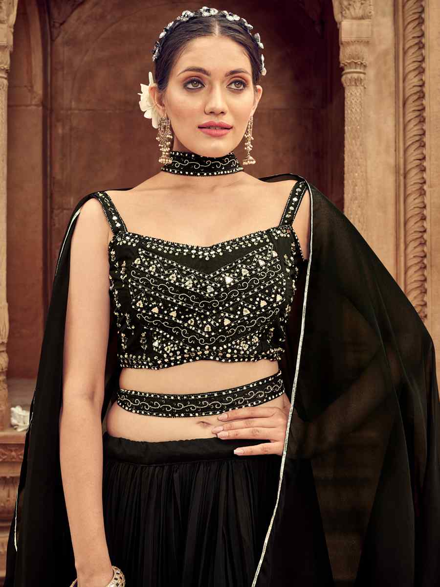 Black Pure Faux Georgette Embroidered Party Wear Wedding Circular Lehenga Choli
