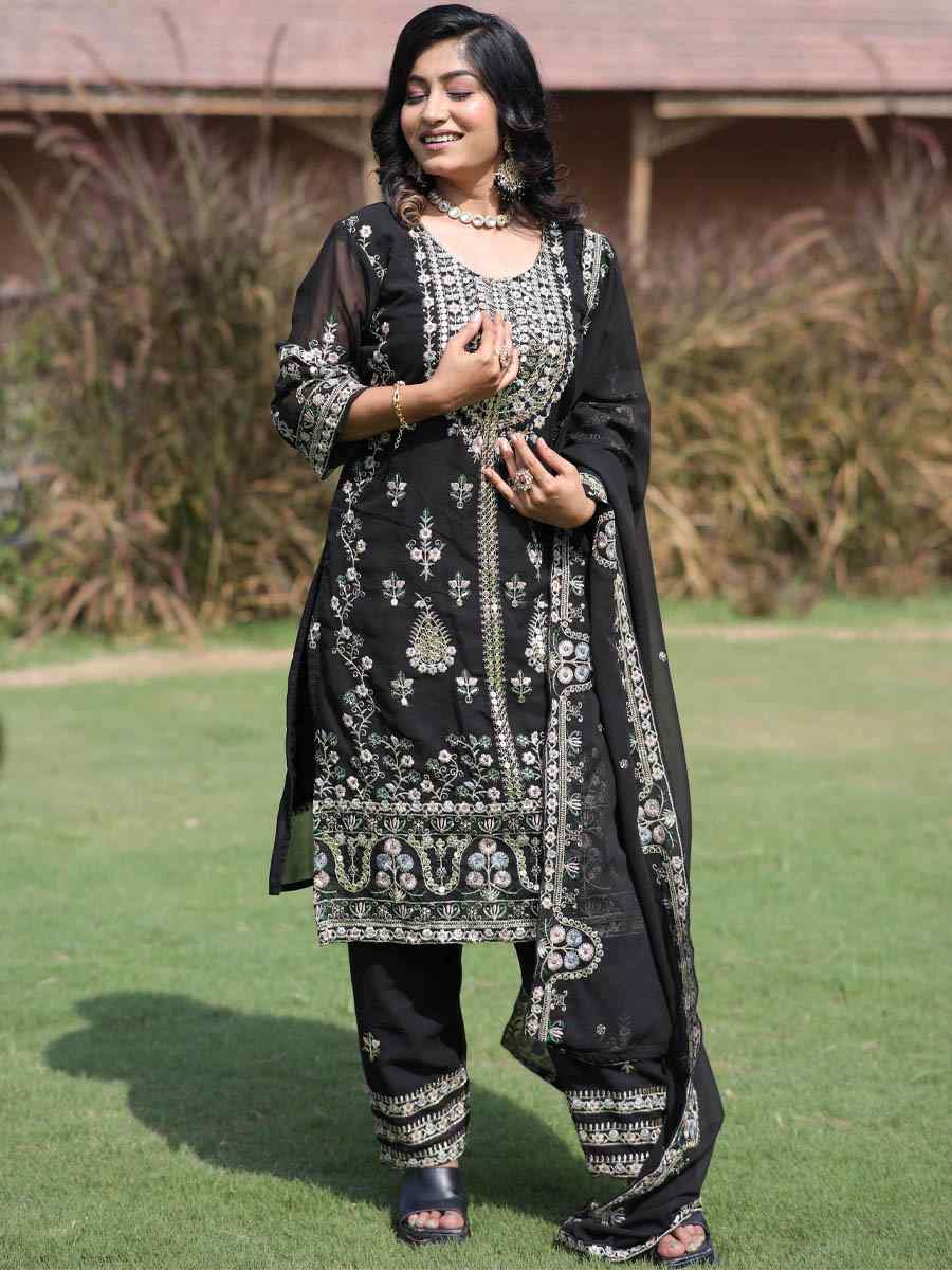 Black Pure Faux Georgette Silk Embroidered Party Wedding Ready Pant Salwar Kameez