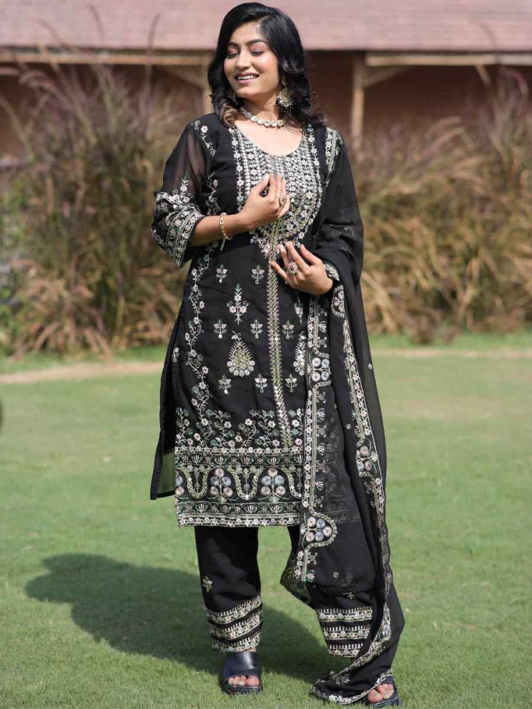 Black Pure Faux Georgette Silk Embroidered Party Wedding Ready Pant Salwar Kameez