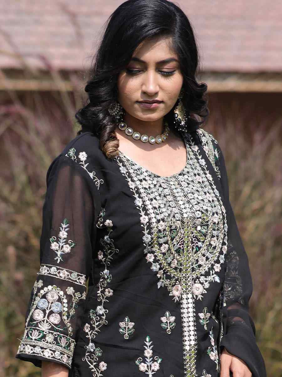 Black Pure Faux Georgette Silk Embroidered Party Wedding Ready Pant Salwar Kameez
