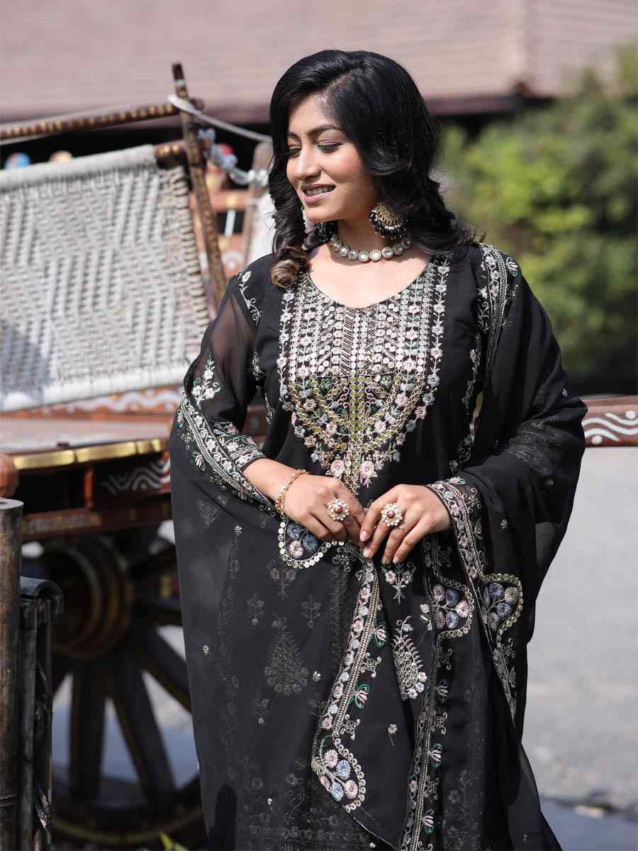 Black Pure Faux Georgette Silk Embroidered Party Wedding Ready Pant Salwar Kameez