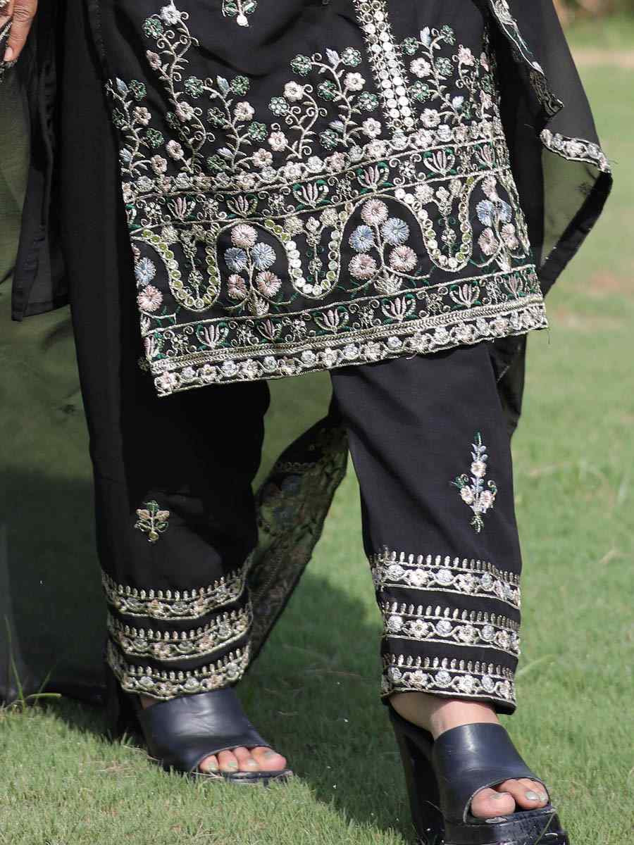 Black Pure Faux Georgette Silk Embroidered Party Wedding Ready Pant Salwar Kameez