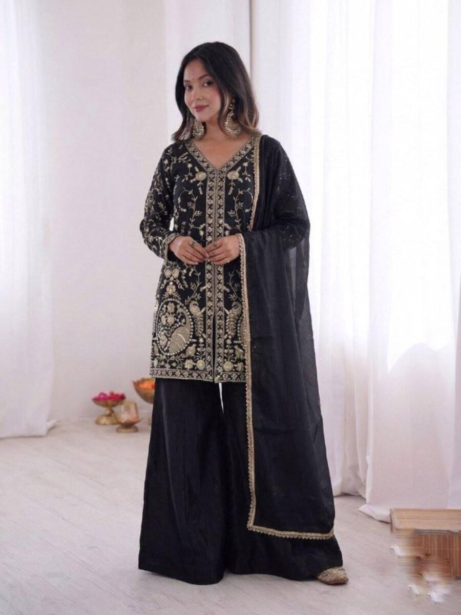 Black Pure Fendy Silk Embroidery Sequins Wedding Party Festival Casual Ready Palazzo Pant Salwar Kameez