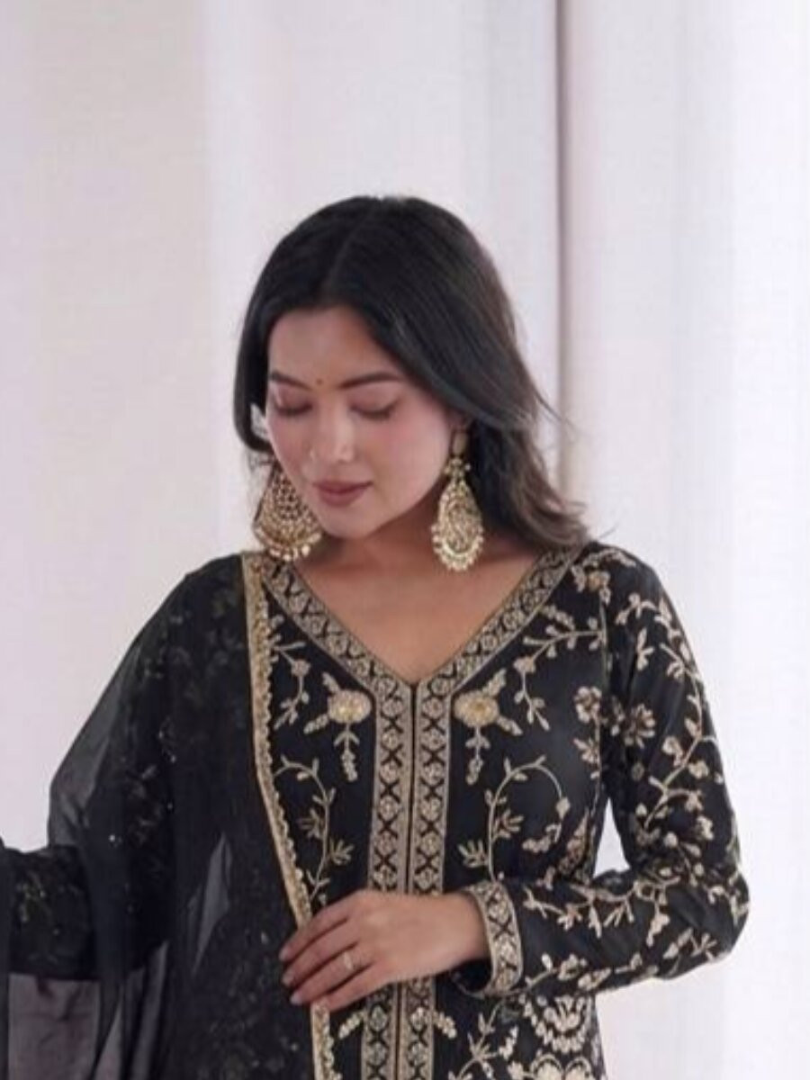 Black Pure Fendy Silk Embroidery Sequins Wedding Party Festival Casual Ready Palazzo Pant Salwar Kameez