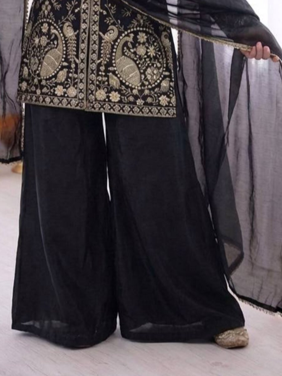 Black Pure Fendy Silk Embroidery Sequins Wedding Party Festival Casual Ready Palazzo Pant Salwar Kameez