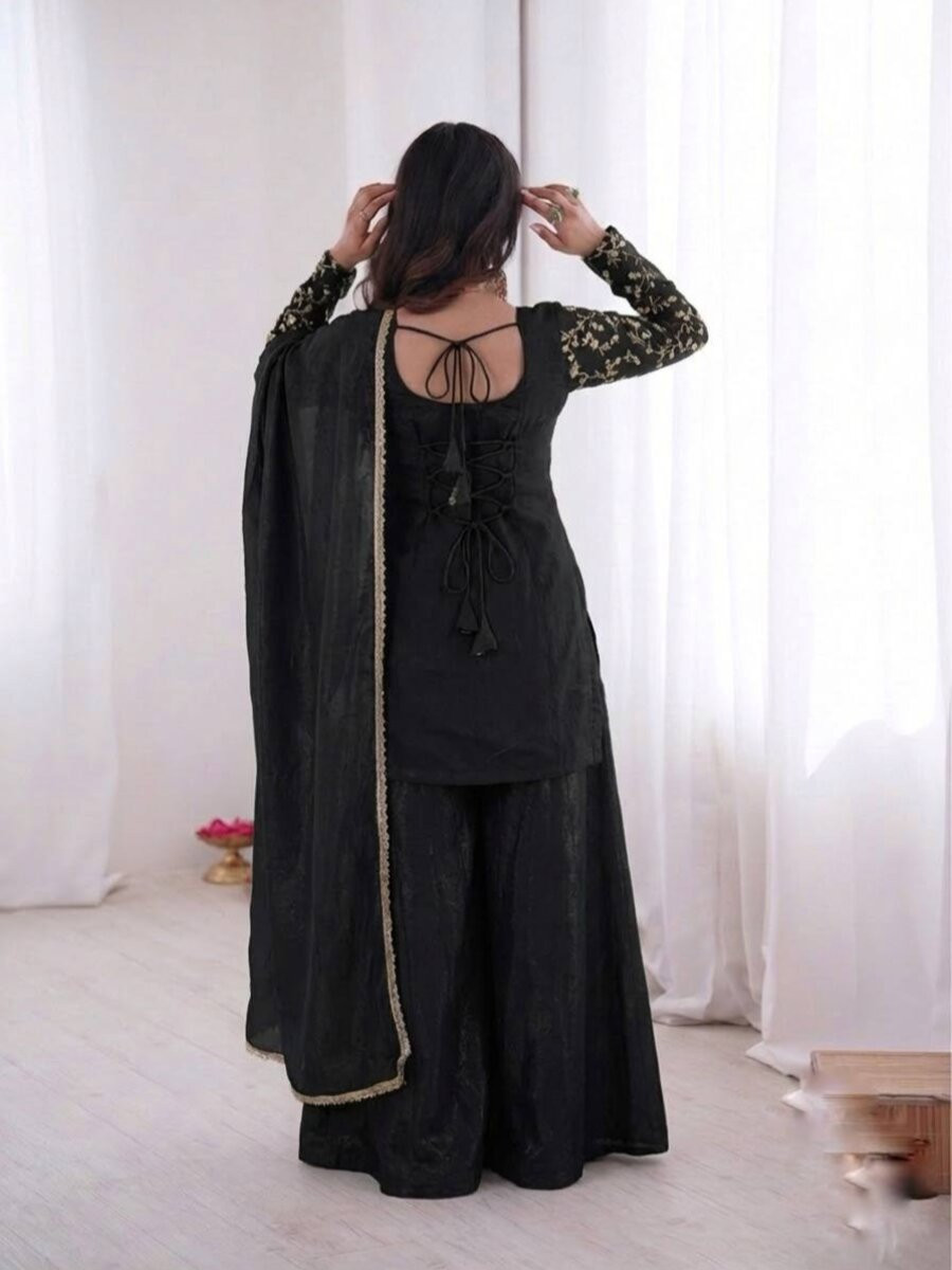 Black Pure Fendy Silk Embroidery Sequins Wedding Party Festival Casual Ready Palazzo Pant Salwar Kameez