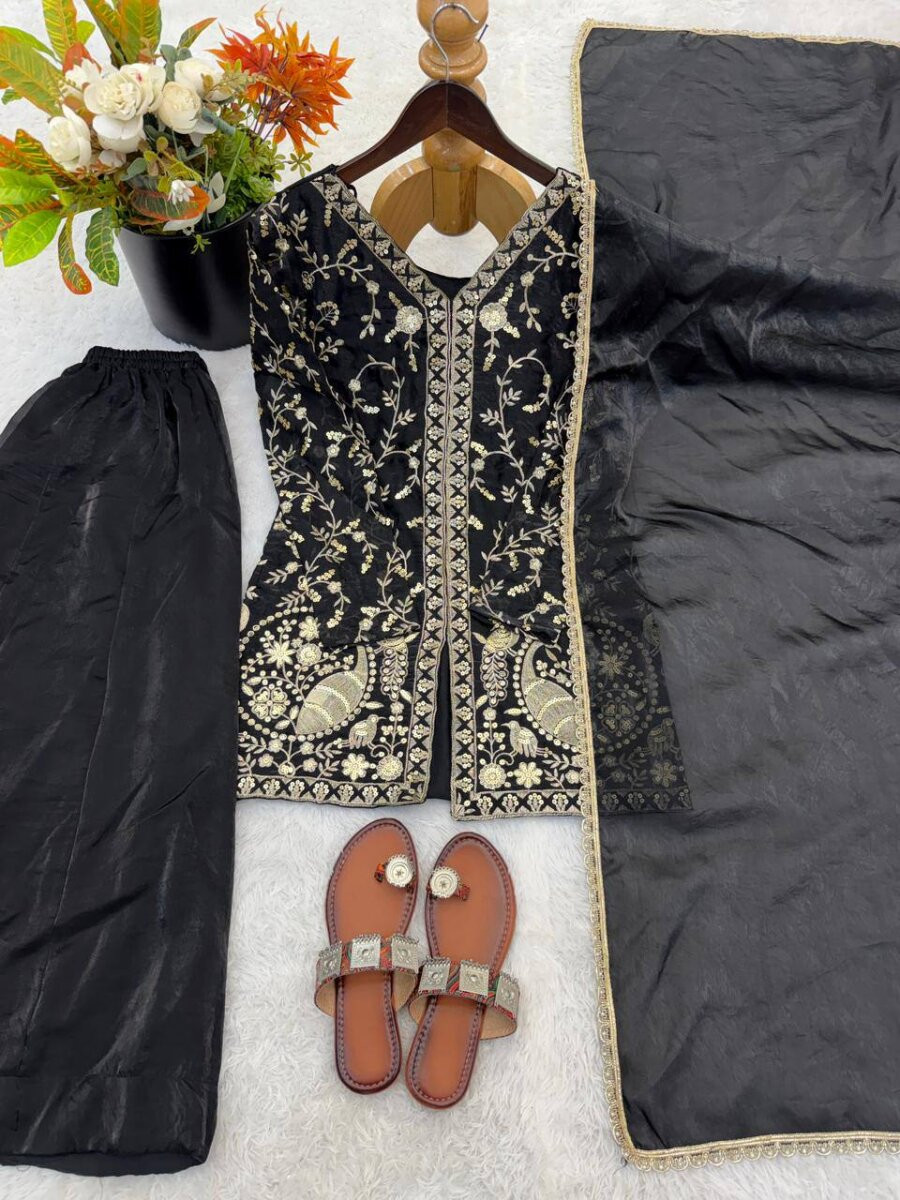 Black Pure Fendy Silk Embroidery Sequins Wedding Party Festival Casual Ready Palazzo Pant Salwar Kameez