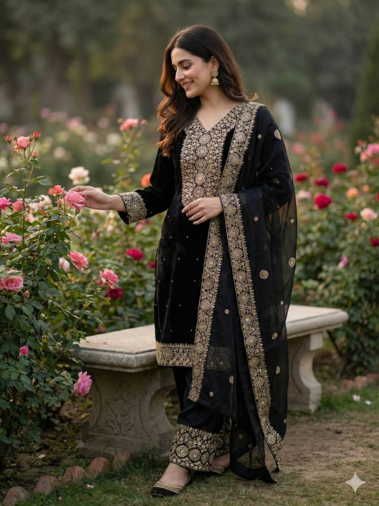 Image of Black Pure Fendy Silk Embroidery Sequins Zari Wedding Party Festival Palazzo Pant Salwar Kameez