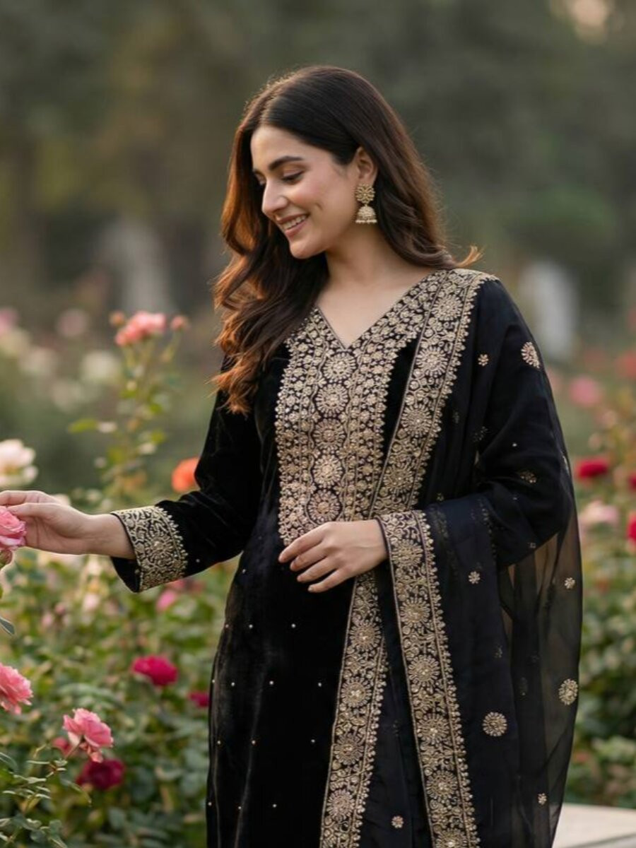 Black Pure Fendy Silk Embroidery Sequins Zari Wedding Party Festival Palazzo Pant Salwar Kameez