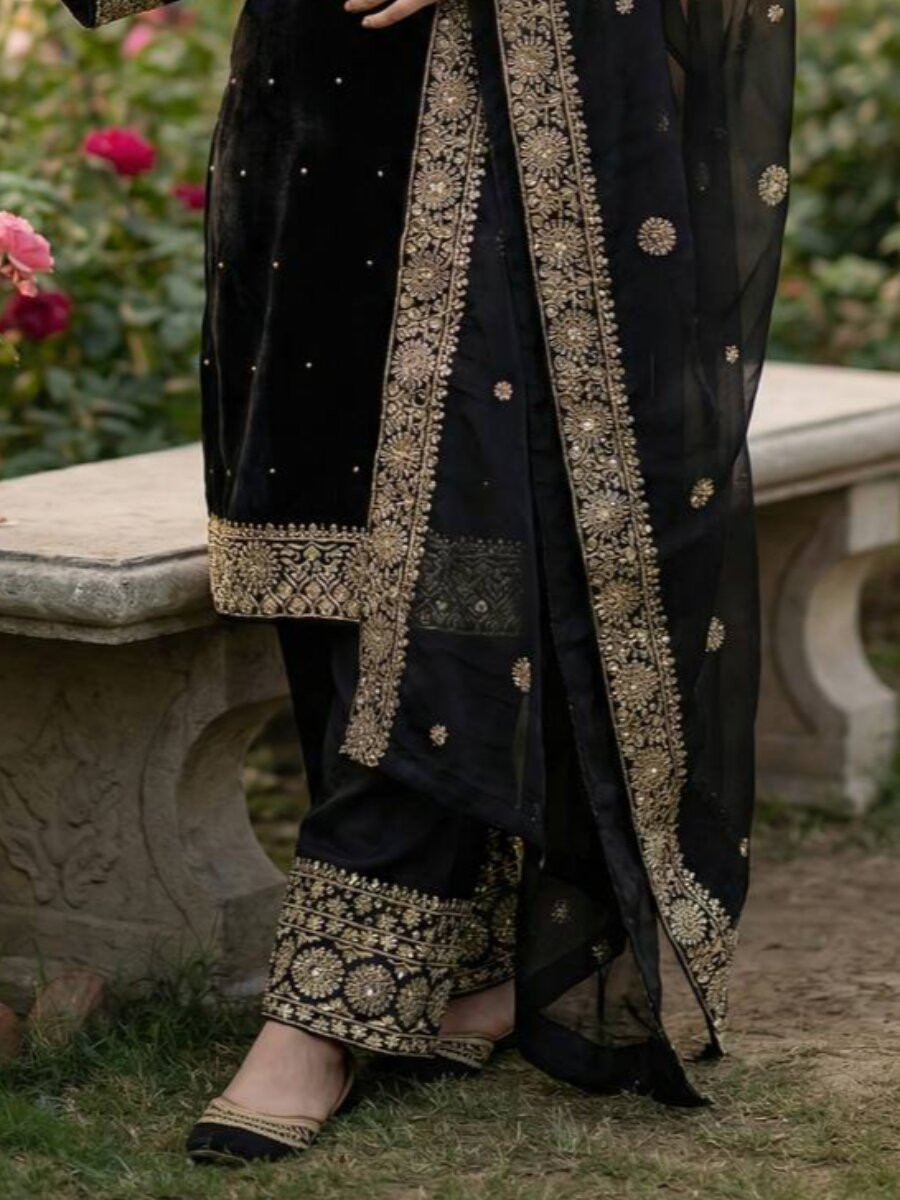 Black Pure Fendy Silk Embroidery Sequins Zari Wedding Party Festival Palazzo Pant Salwar Kameez