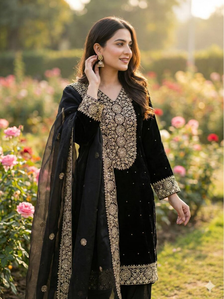 Black Pure Fendy Silk Embroidery Sequins Zari Wedding Party Festival Palazzo Pant Salwar Kameez