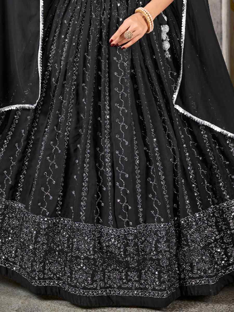 Black Pure Georgette Embroidered Festival Wedding Circular Lehenga Choli