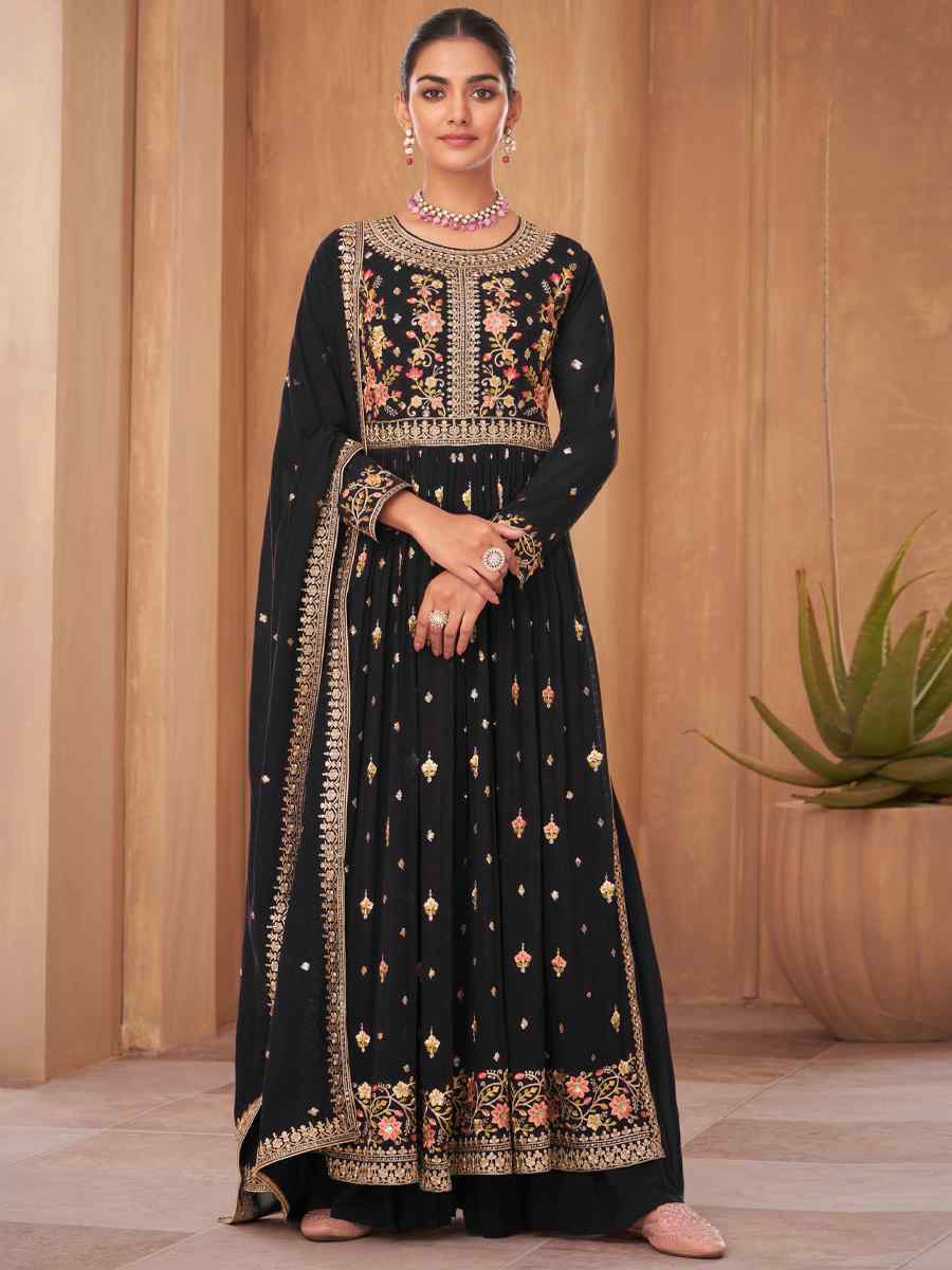 Black Pure Georgette Embroidered Festival Wedding Palazzo Pant Salwar Kameez
