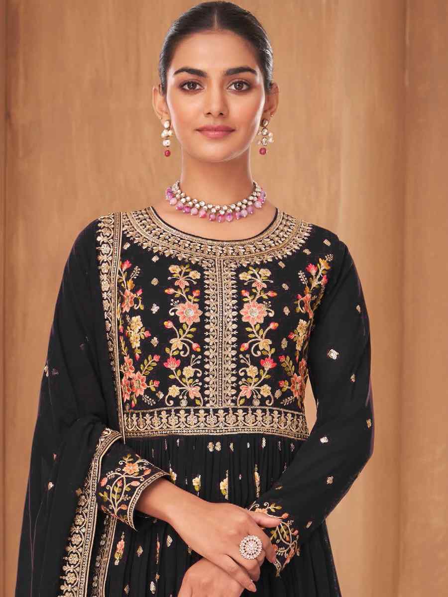 Black Pure Georgette Embroidered Festival Wedding Palazzo Pant Salwar Kameez