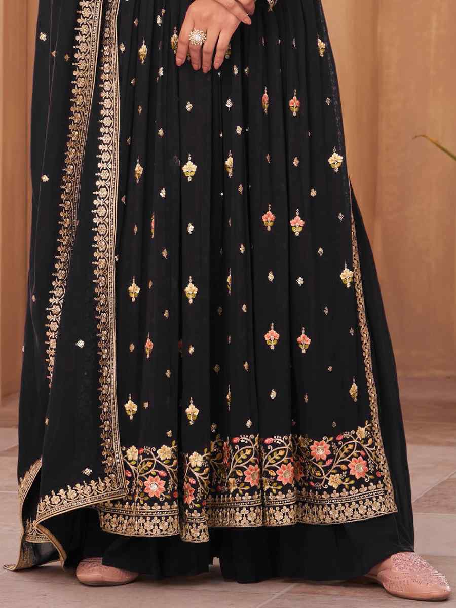 Black Pure Georgette Embroidered Festival Wedding Palazzo Pant Salwar Kameez