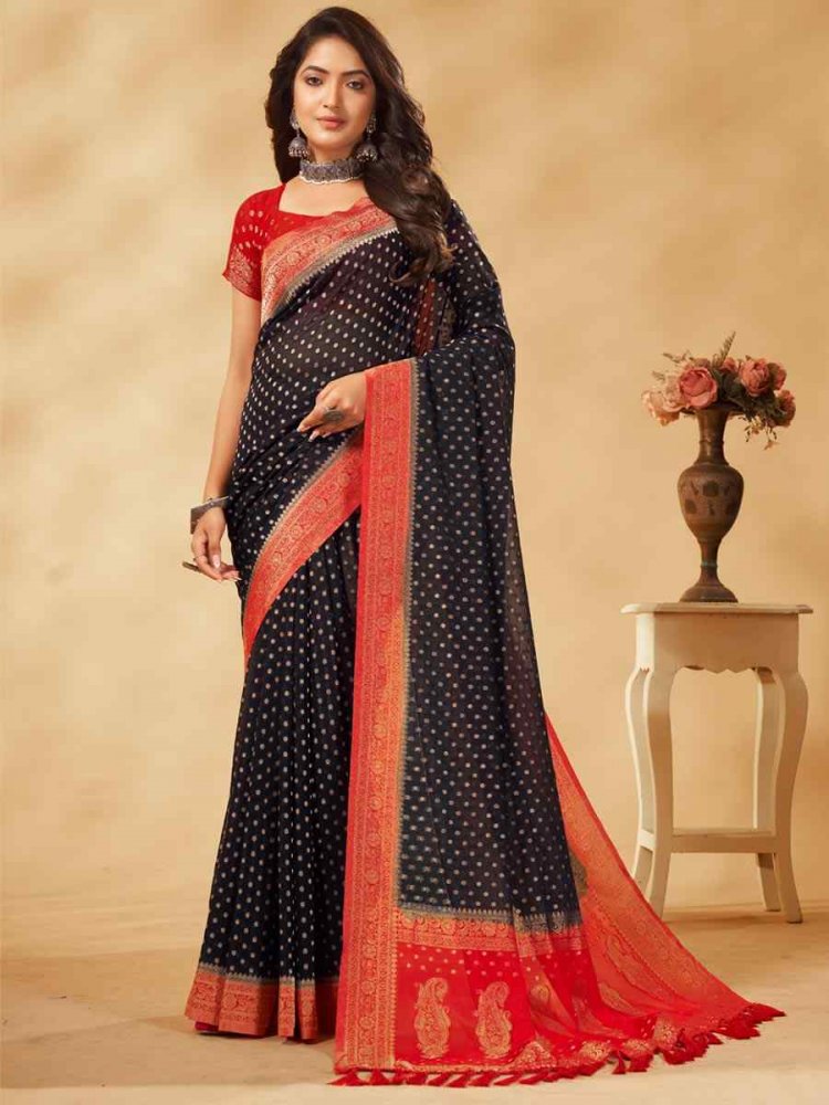 Black Pure Georgette Handwoven Wedding Festival Heavy Border Saree