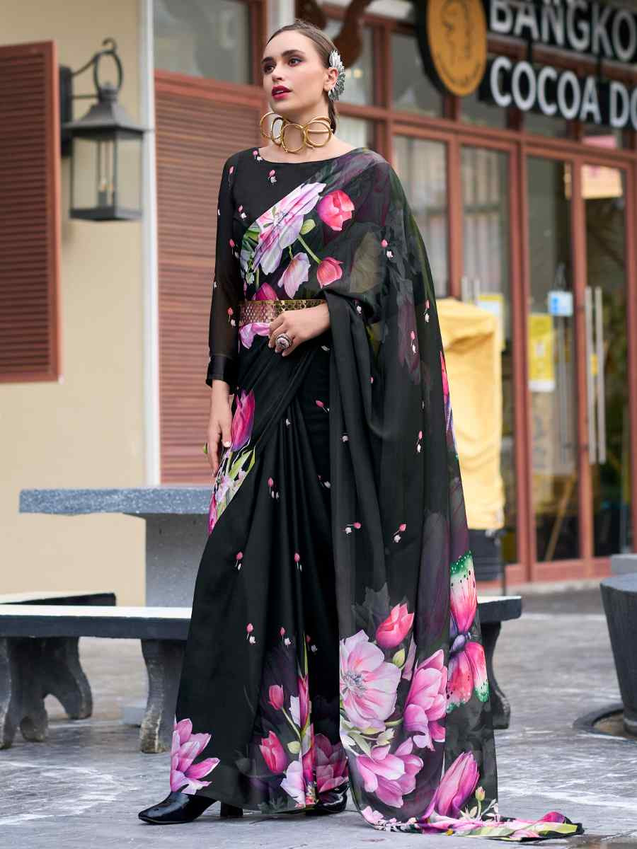 Black Pure Georgette Printed Casual Festival Contemporary Saree