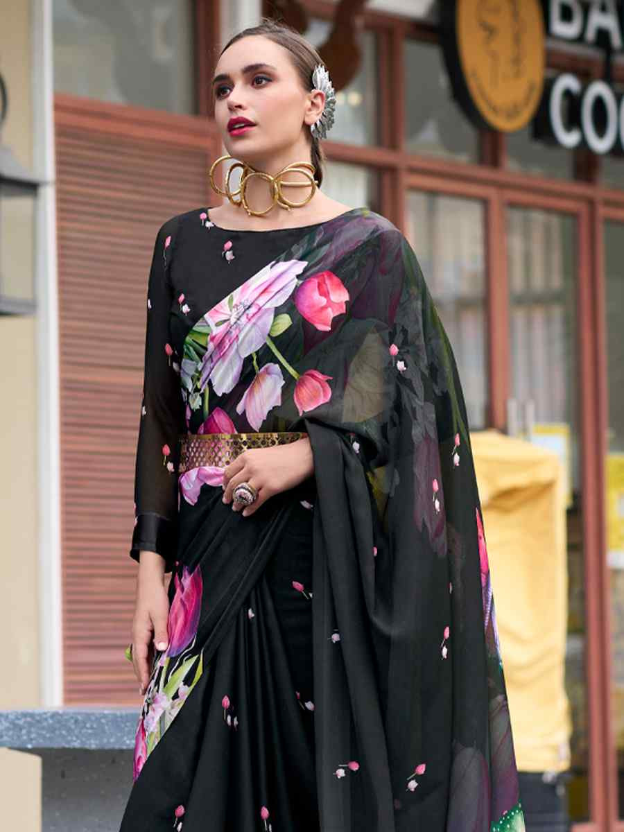 Black Pure Georgette Printed Casual Festival Contemporary Saree